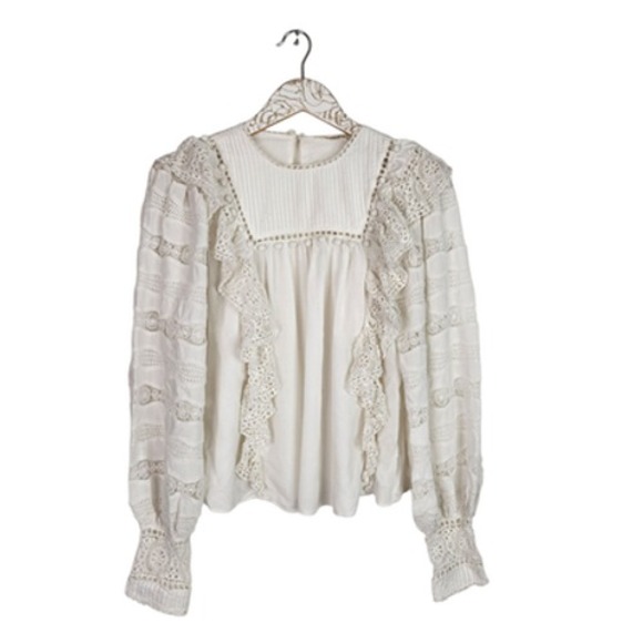 ULLA JOHNSON Blouse Womens 4 White Lily Lace Ruffle Boho Long Sleeve Cotton Top - Picture 2 of 16
